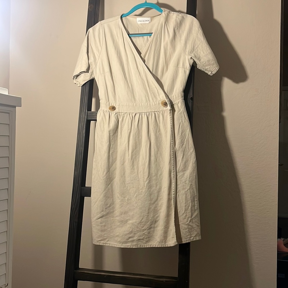Tan button wrap dress